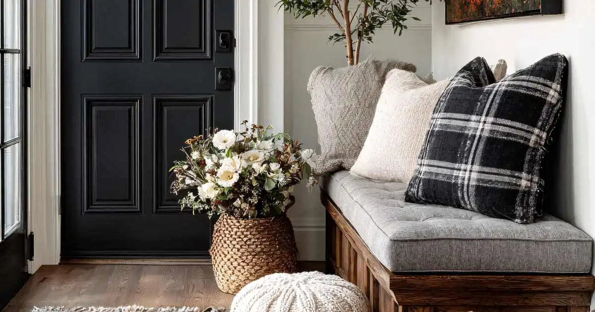 clean home entryway with organized shoes and coats near the front door